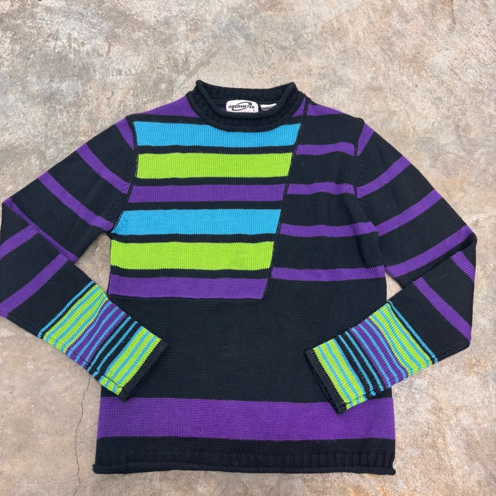 Obermeyer Vintage 90s Green Purple Neon Striped Ski Sweater Juniors Large